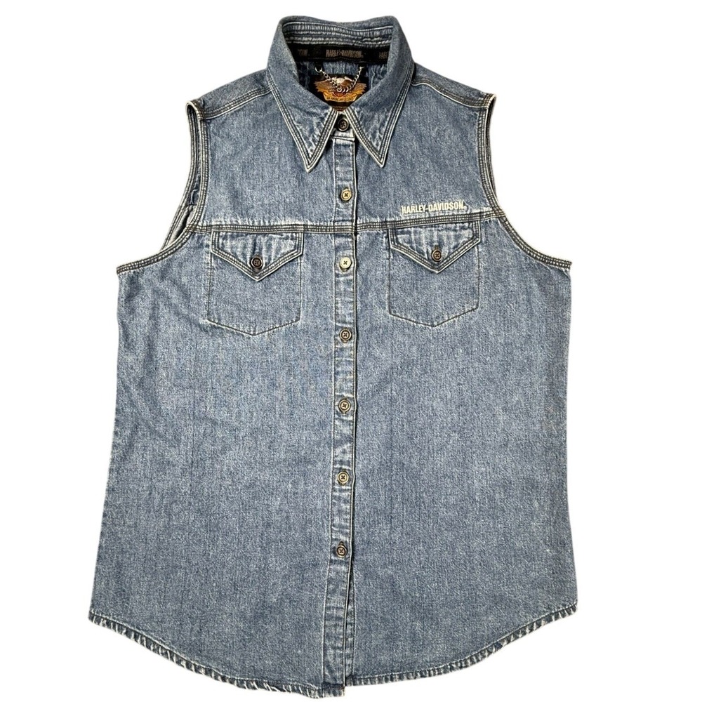 Harley Davidson Women's Denim Button Up Sleeveless Motorcycle Biker Shirt Sz L